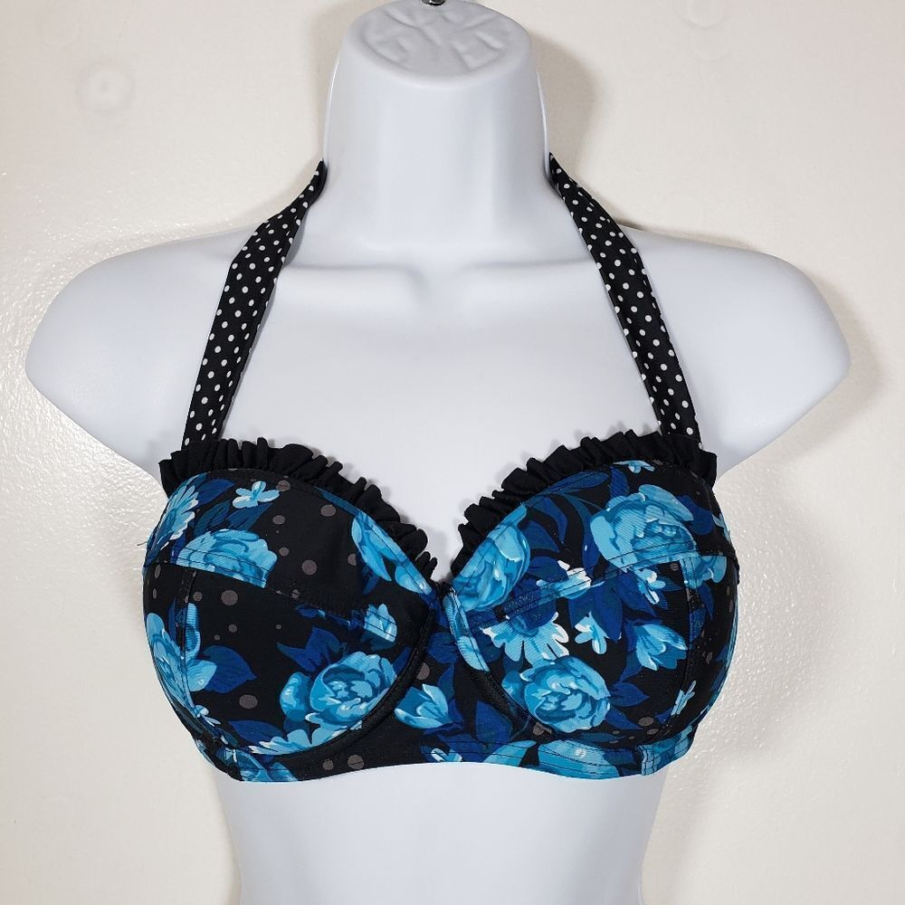 Hot Topic Blue Rose Retro Print Bikini Swim Top Size S